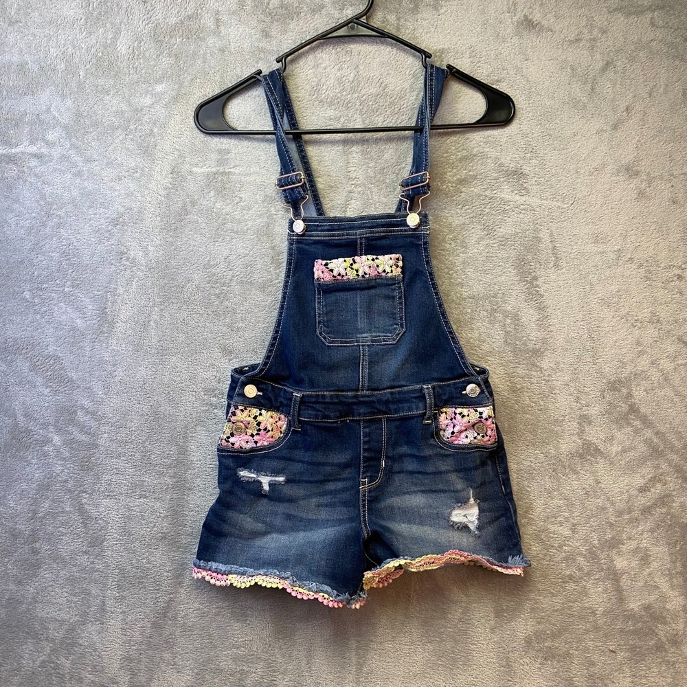 Jordache Girls Floral Crochet Lace Denim Shortalls Overalls Size L 10-12 Blue